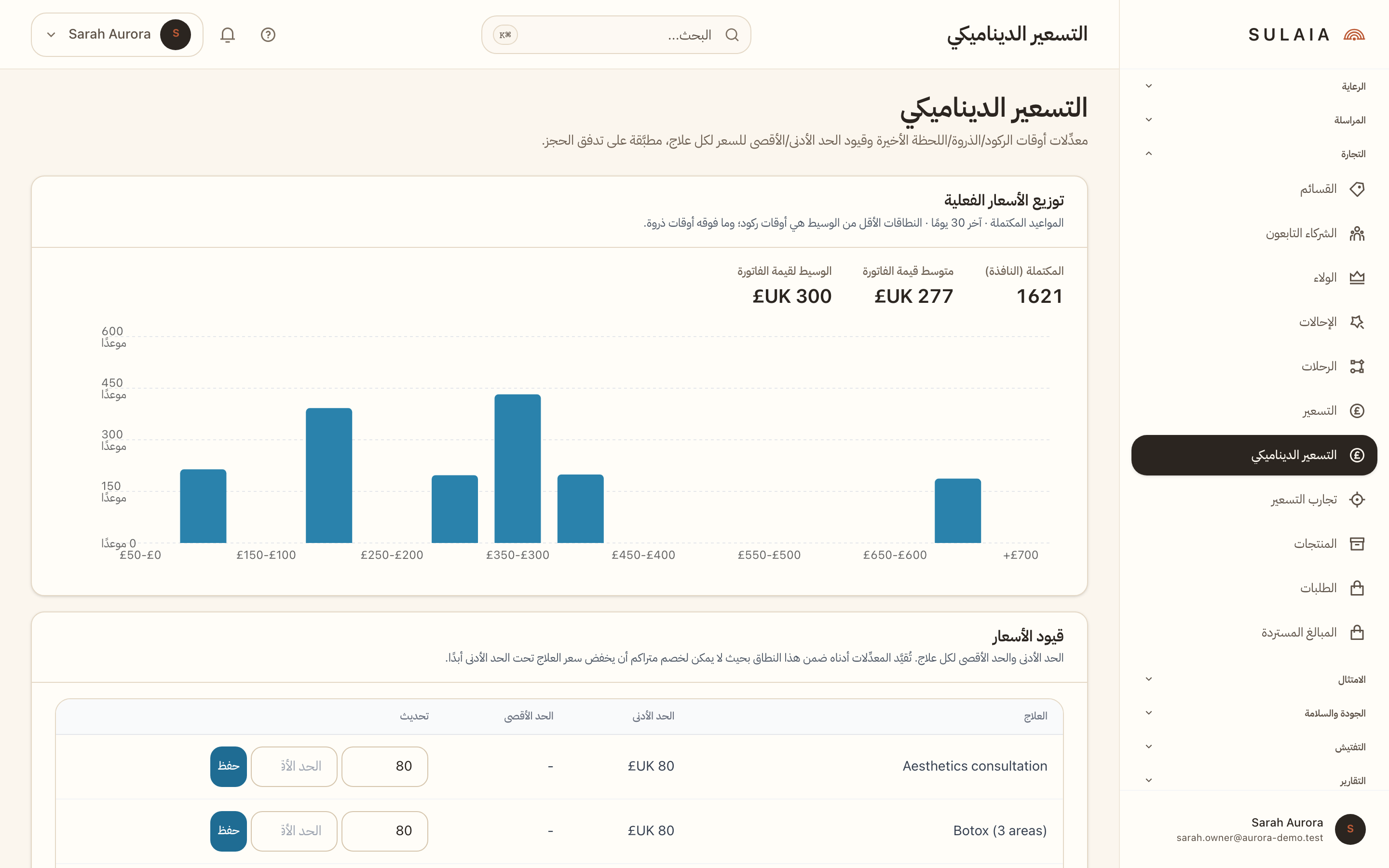 شاشة التسعير الديناميكي تظهر رسم بياني لتوزيع الأسعار الفعلية وجدول قيود الأسعار.