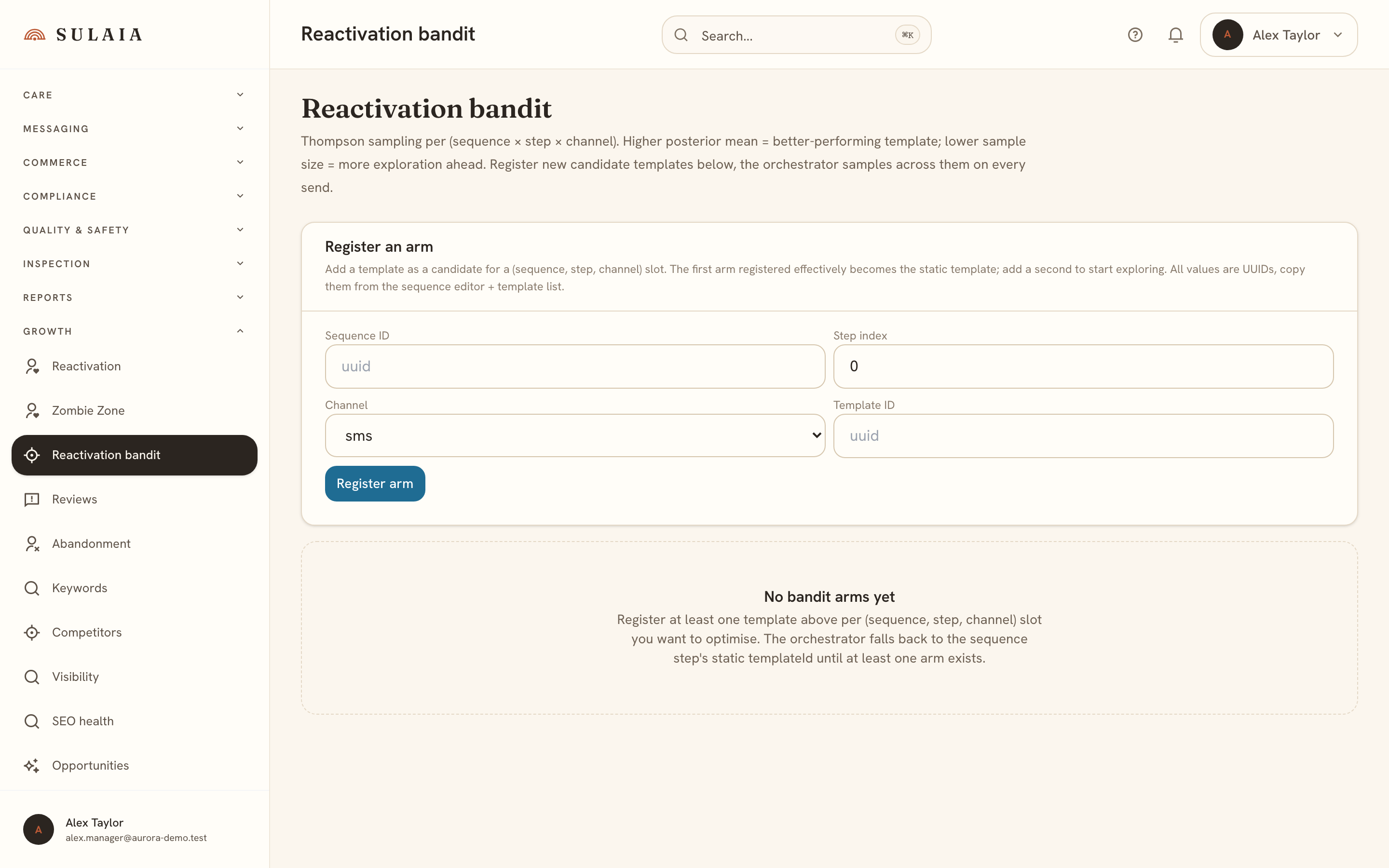 The reactivation bandit screen showing a posterior distribution chart and a table of template arms with conversion rates.