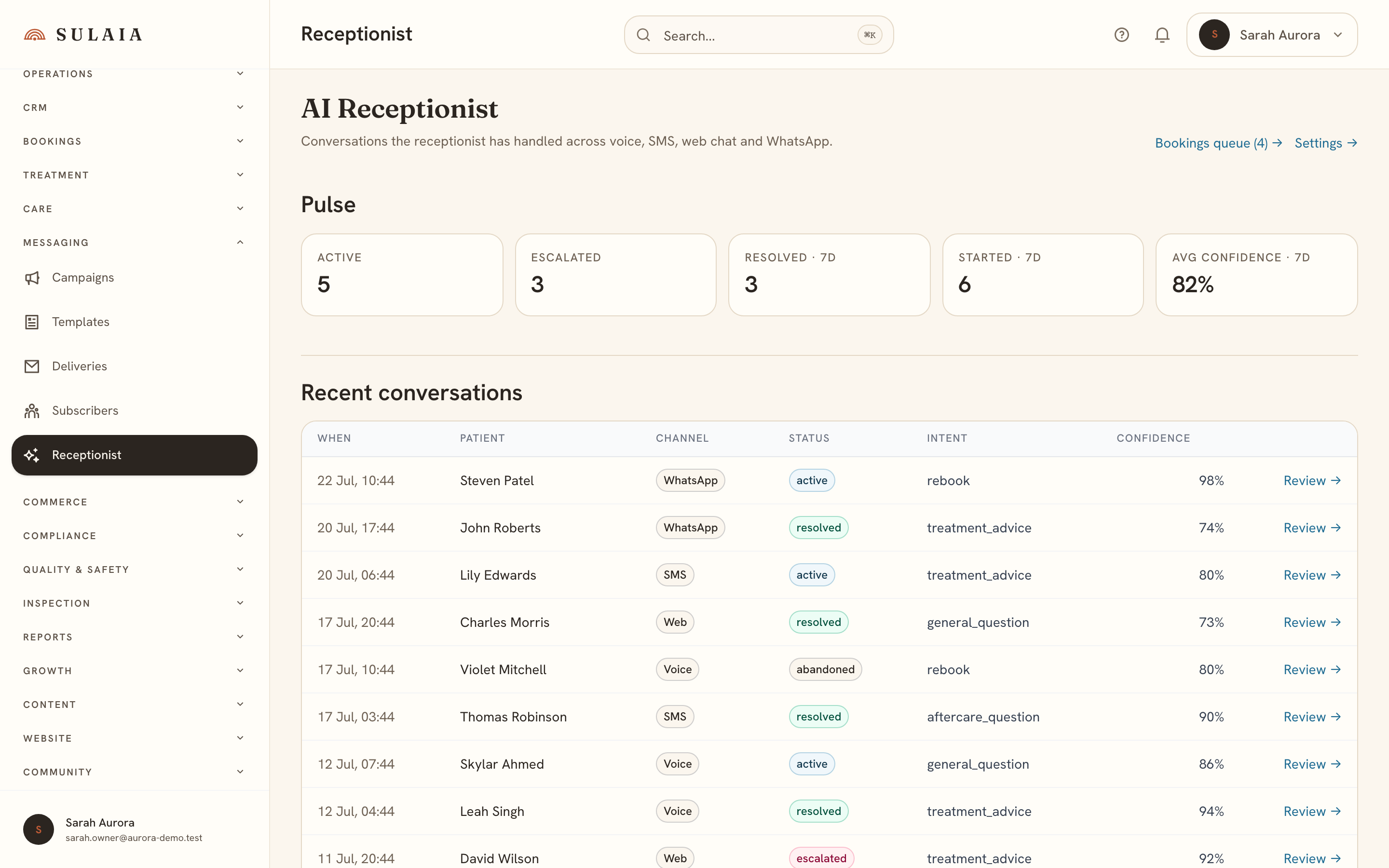The AI receptionist conversations screen.