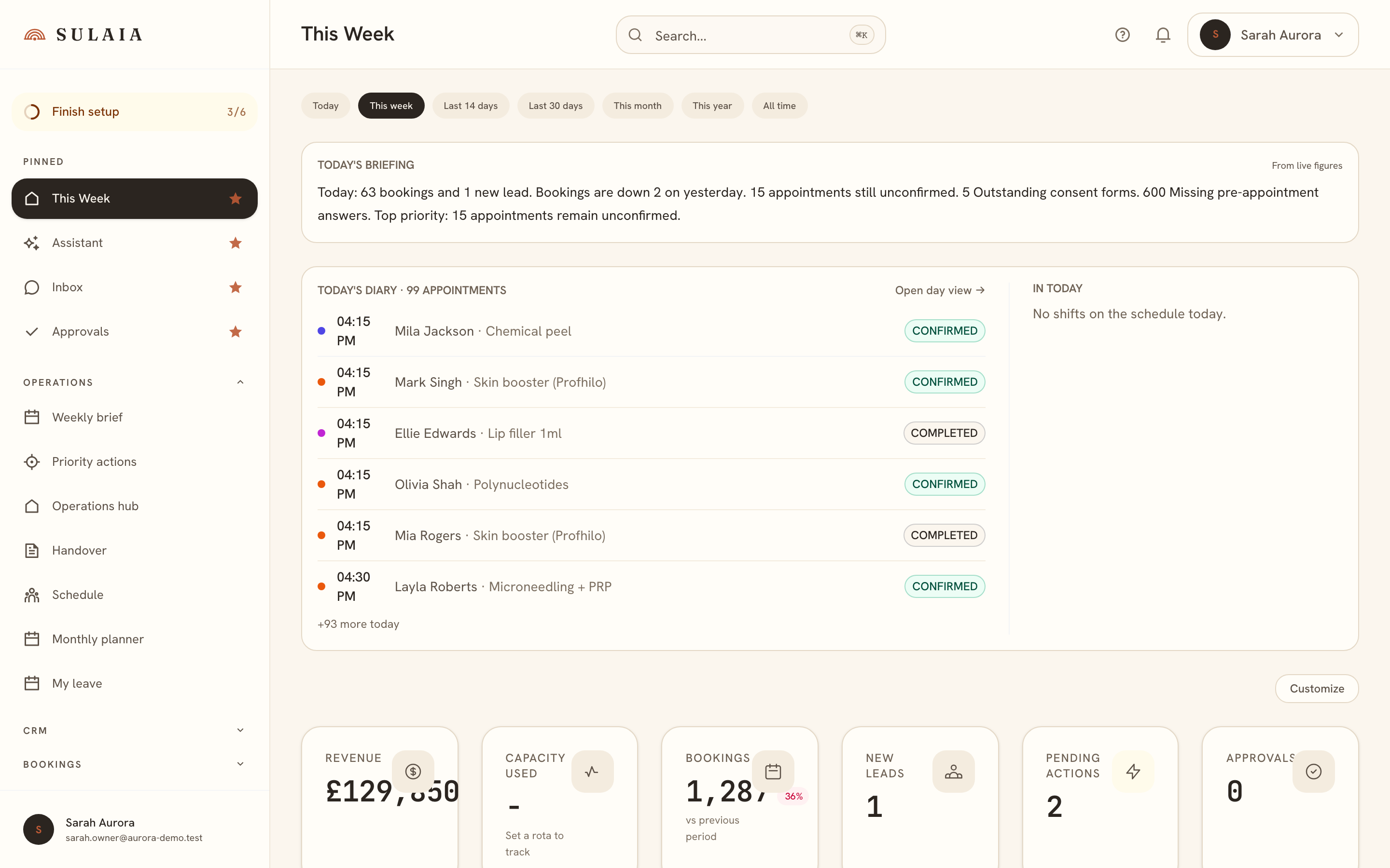 The Sulaia operator dashboard, a weekly brief with bookings, leads, priority actions, and audit-readiness scores.