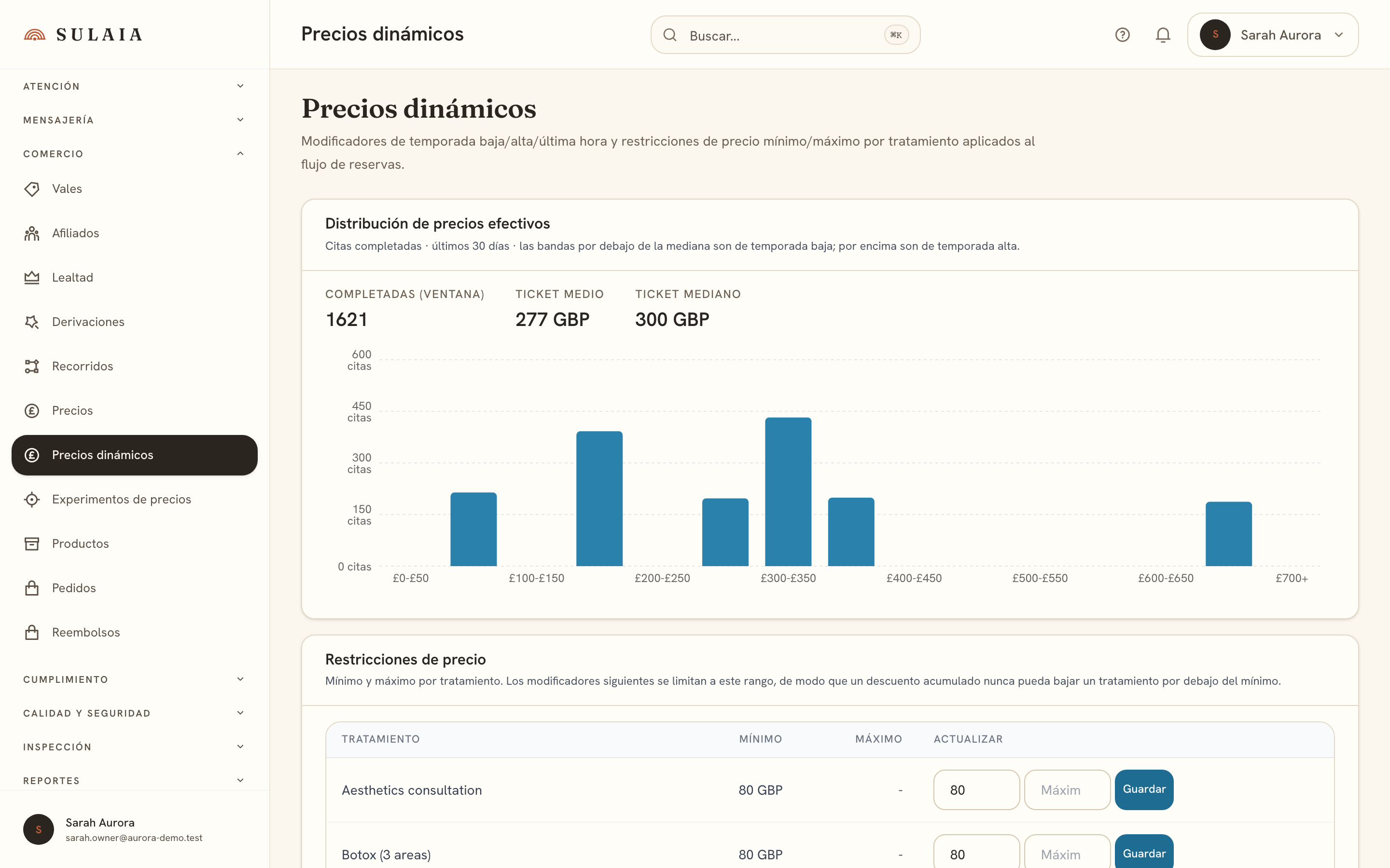 La pantalla de precios dinámicos mostrando un histograma de distribución de precios efectivos y una tabla de restricciones de precios.