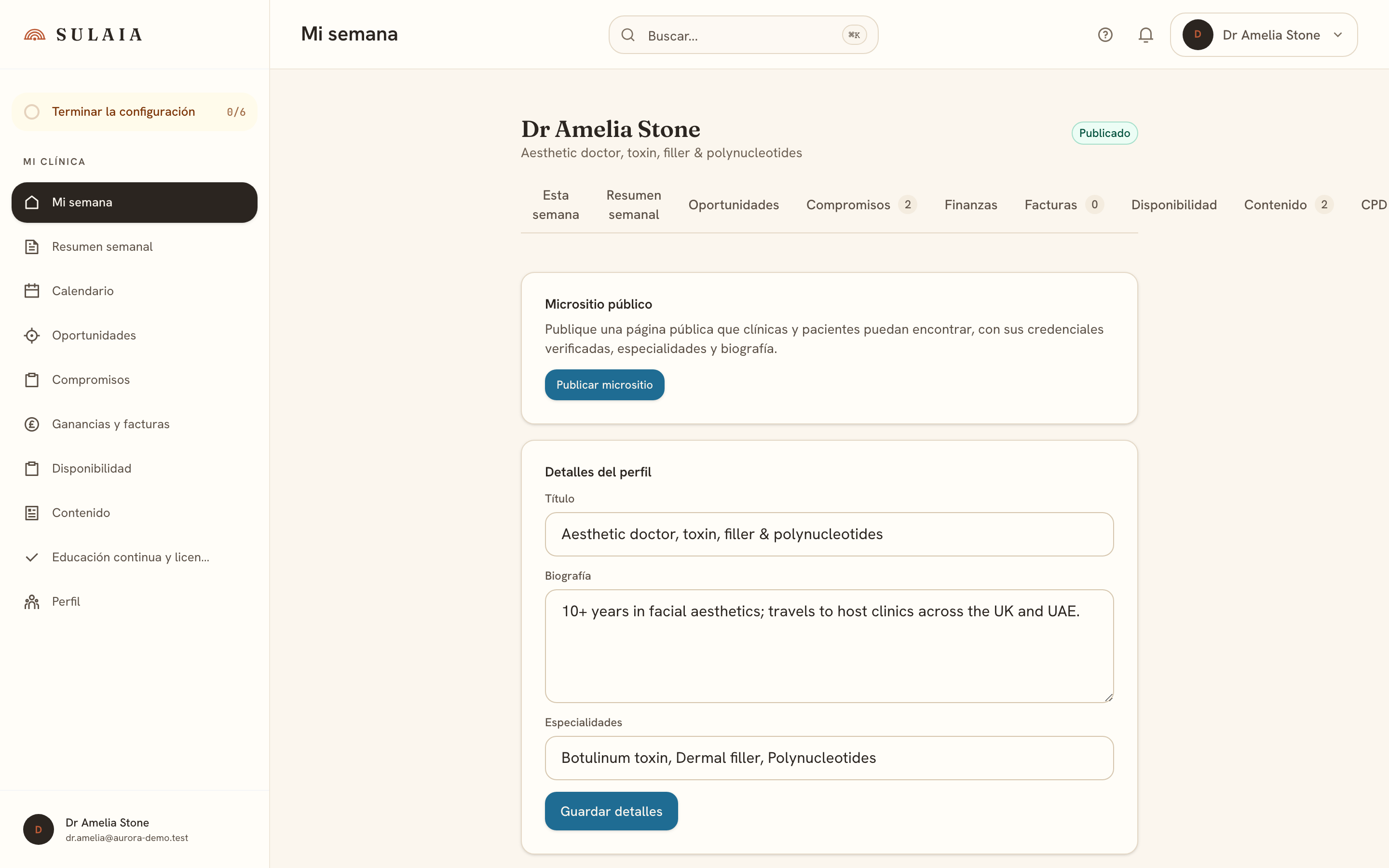 El micrositio de perfil público del profesional.
