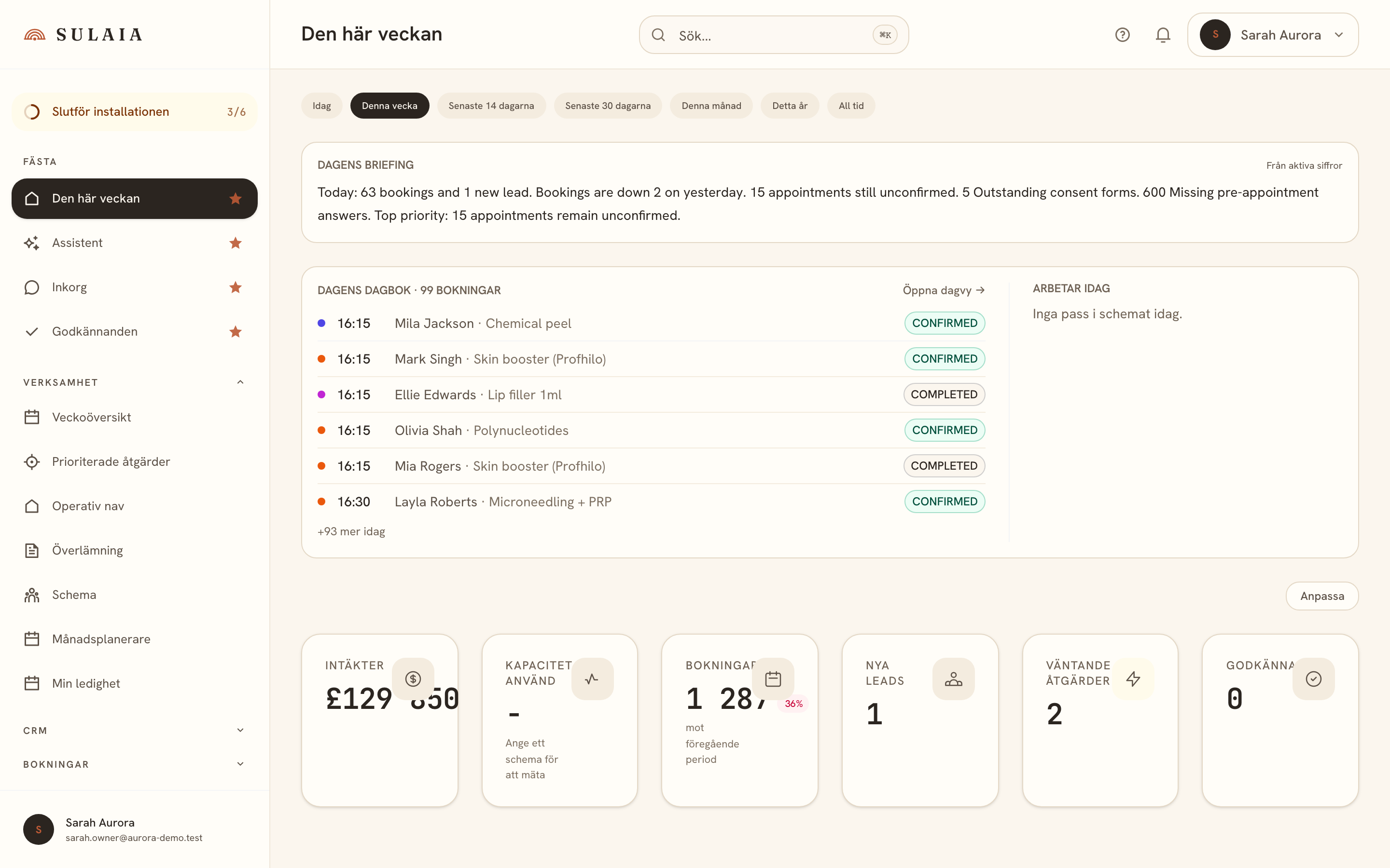 The Sulaia operator dashboard, a weekly brief with bookings, leads, priority actions, and audit-readiness scores.